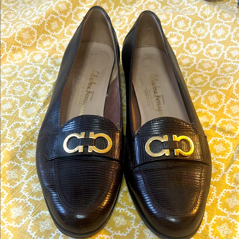 Salvatore Ferragamo Brown Leather Loafers with Gold Hardware